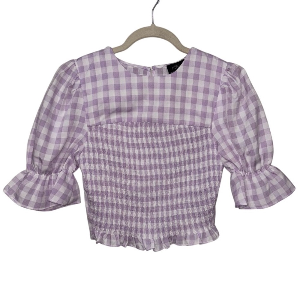 Milk & Honey Purple Ruffled‎ Crop Top with Flutter Sleeves Plaid Gingham
